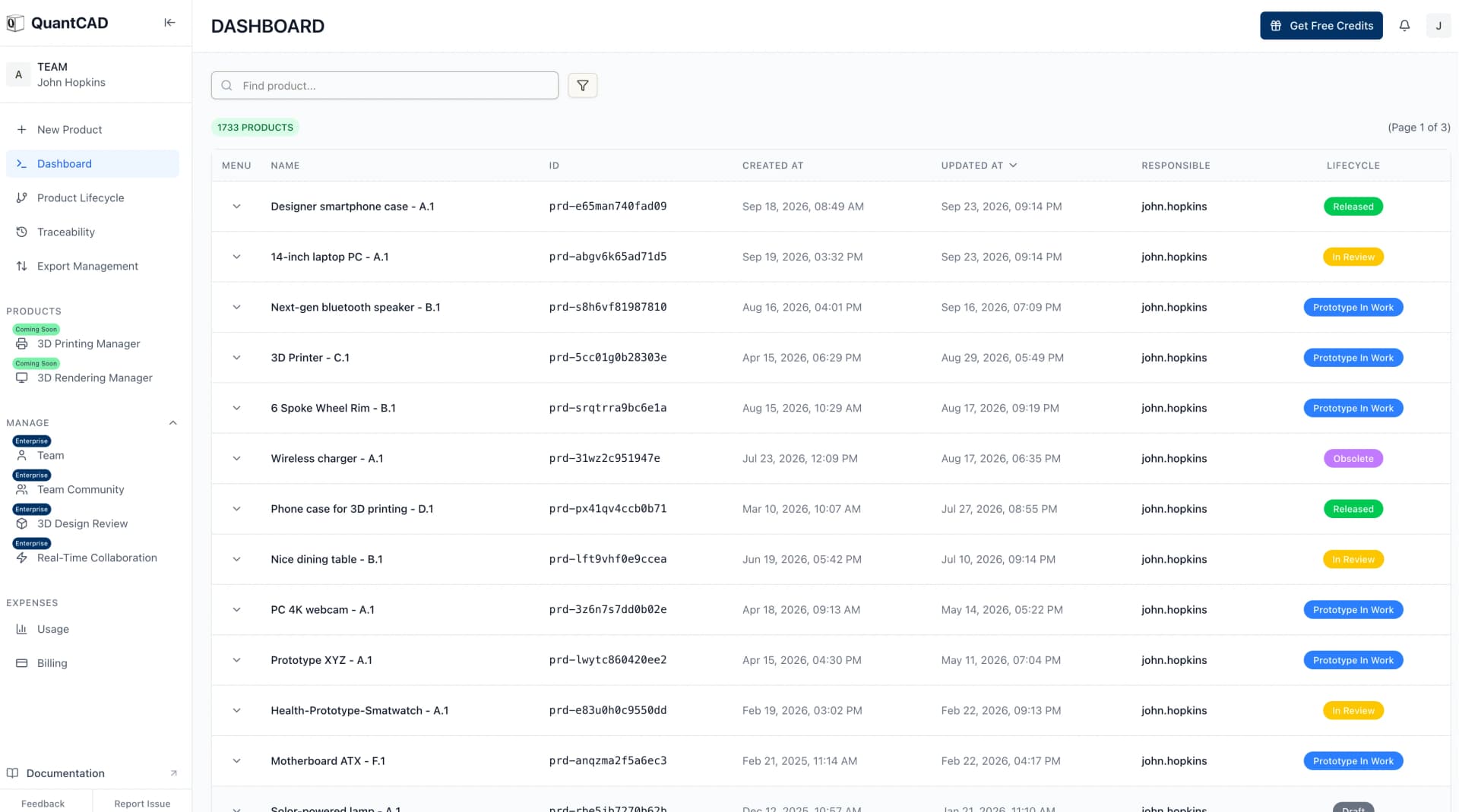 The QuantCAD project dashboard