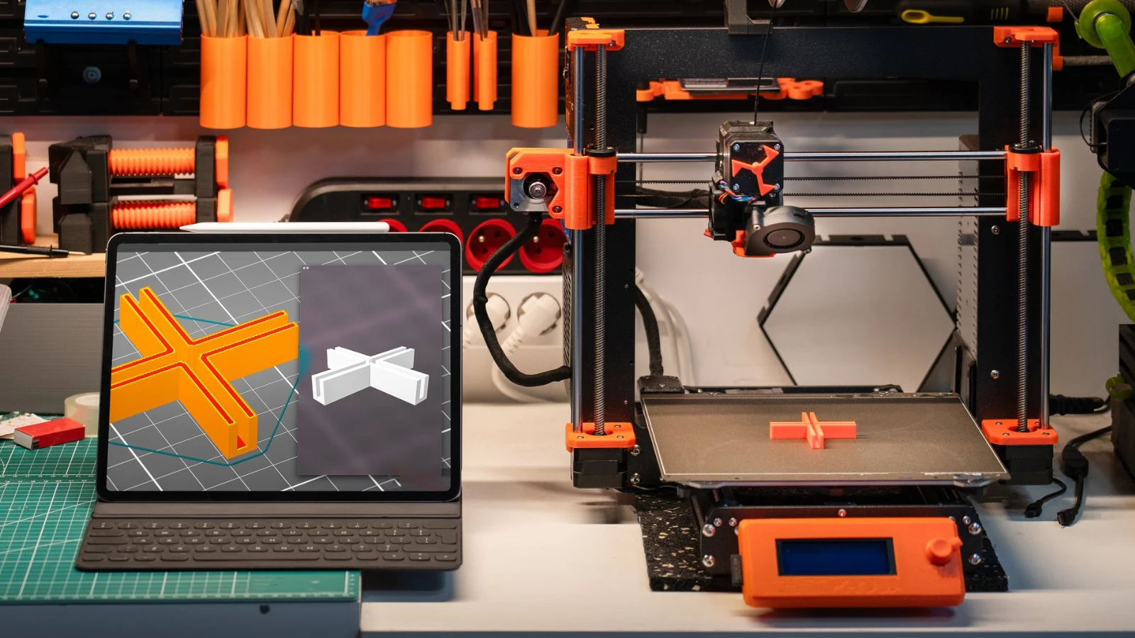 A desktop 3D printer next to a tablet showing the sliced part