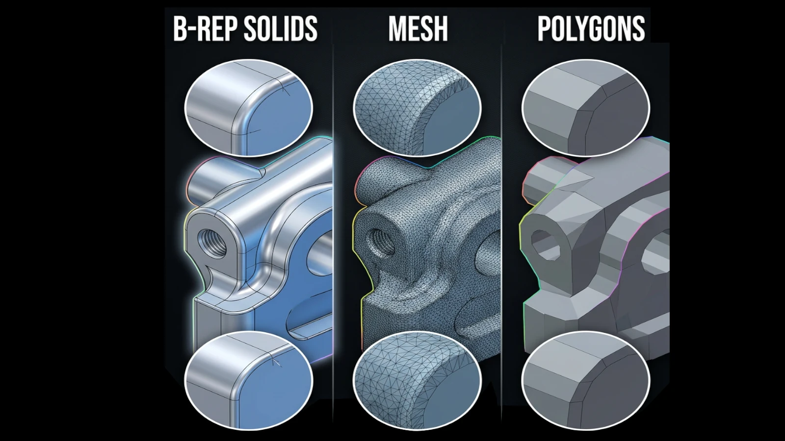 The same part shown three ways: as a B-rep solid with smooth exact surfaces, as a fine triangle mesh, and as a coarse polygon mesh with flat facets