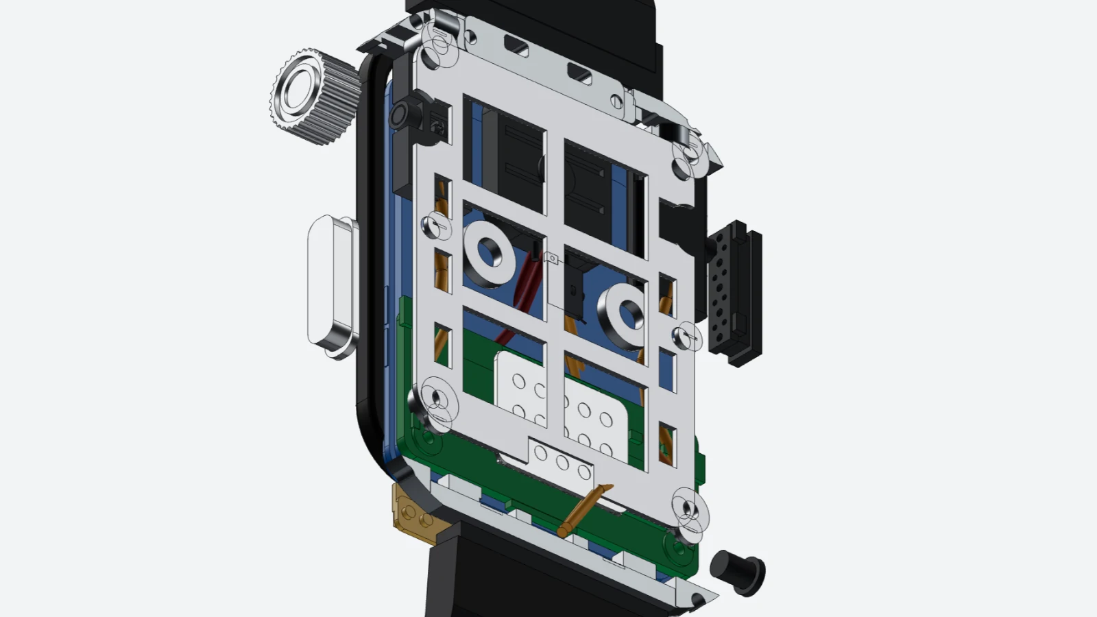 Exploded view of a smartwatch assembly showing how its parts fit together